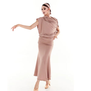 Women's Beige Modest Dance Top & Skirt Set, Draped Lycra, Latin Ballroom