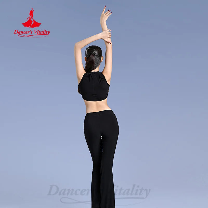 Dance Top and Pants Set Women's Black and Leopard Print Cropped Sleeveless Ruched Ballroom Latin Dancewear
