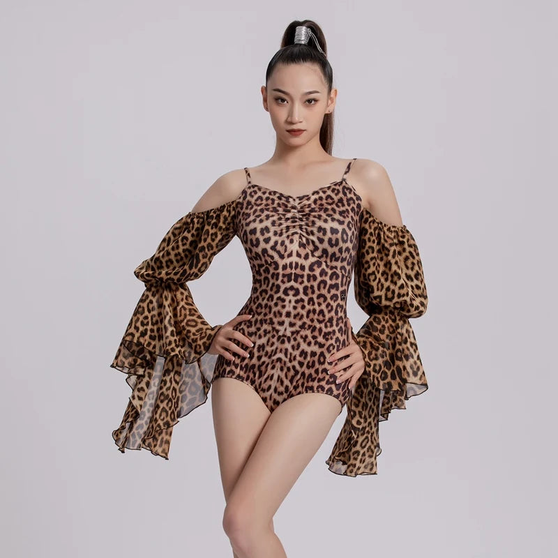 Dance Leotard Women's Leopard Print Off-Shoulder Ruffled Long Sleeve Spandex Latin Dance Bodysuit