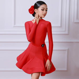 Girls Red Long Sleeve Ruffled Latin Ballroom Dance Dress with Mock Neck