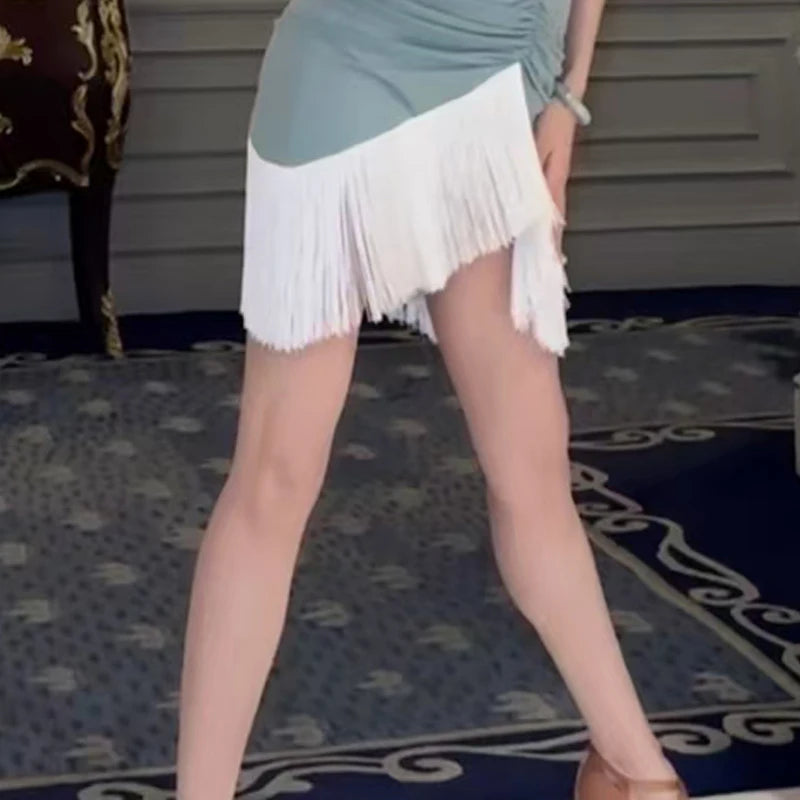 Women's Sage Green Halter Cowl Neck Ruched Fringe Mini Latin Dance Dress