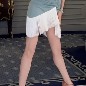 Women's Sage Green Halter Cowl Neck Ruched Fringe Mini Latin Dance Dress