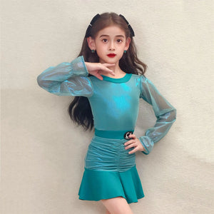 Girls' Aqua Green Shimmer Long Sleeve Ruched Skirt Dance Dress - Latin/Ballroom