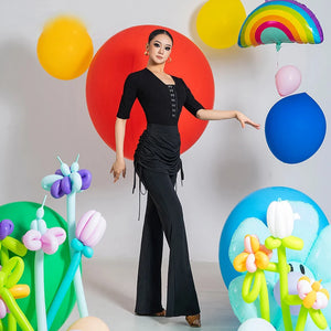 Women's Black Ruched Drawstring Waist Flared Leg Dance Pants