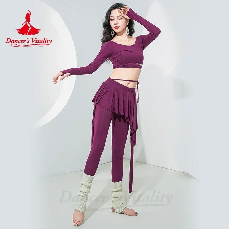 Belly Dance Practice Set Women's Teal Green Long Sleeve Crop Top with Skirted Leggings and Ribbed Leg Warmers