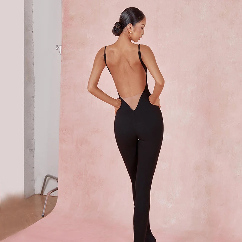 Women's Black Spandex Cut-Out Bodysuit Jumpsuit for Contemporary Dance