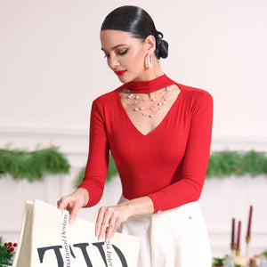 Women's Red Long Sleeve V-Neck Bodysuit with Choker Neckline, Ballroom Dance