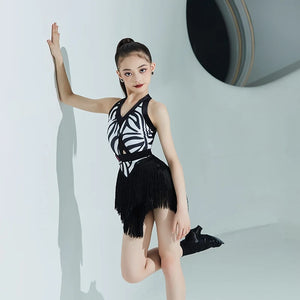 Girls Black White Zebra Print Halter Fringe Latin Dance Dress