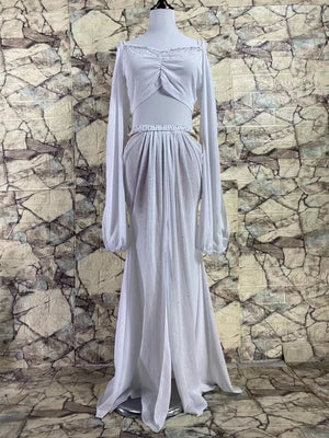 Women's Yellow Chiffon Long Sleeve Crop Top & Slit Skirt Belly Dance Costume