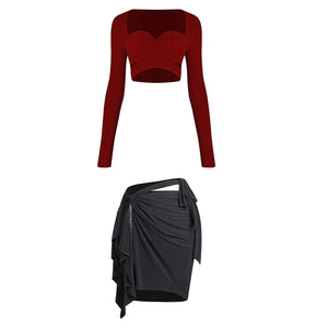 Dance Top and Skirt Set, Women's, Red and Black/Brown Animal Print, Long Sleeve Sweetheart Neck Wrap Crop Top with Asymmetrical Mesh Skirt, Latin Dance