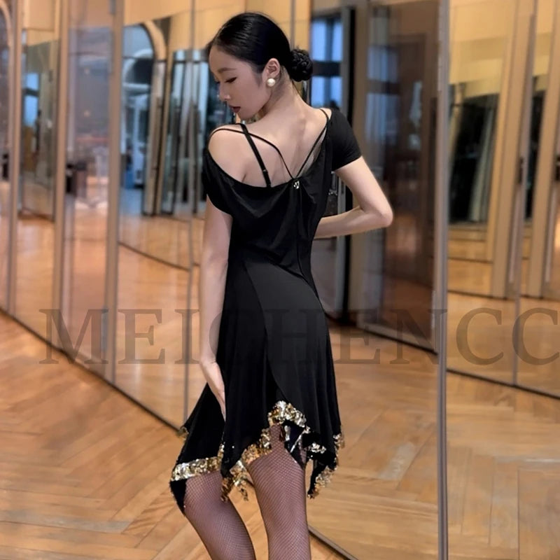 Women's Black Sequin Hem Ballroom Latin Dance Dress - Off-Shoulder V-Neck Flowy Skirt