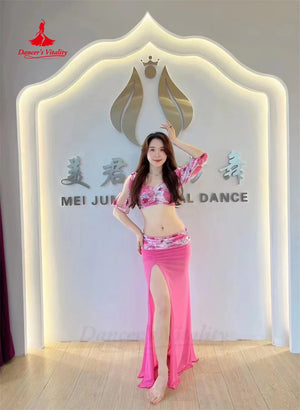 Women's Pink Floral Crop Top & Slit Skirt Belly Dance Costume