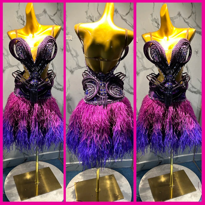 Latin Dance Dress Women's Purple Ombre Feathered Sequin Rhinestone Fringe Costume