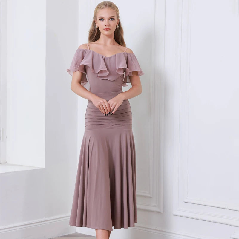 Women's Black Off-Shoulder Ruffled Ruched Ballroom Dance Dress, Light Blue Off-Shoulder Ruffled Ruched Ballroom Dance Dress, Mauve Off-Shoulder Ruffled Ruched Ballroom Dance Dress