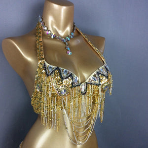 Belly Dance Bra Top Women's Fuchsia Beaded Sequin Halter Neck with Draped Chains and Rhinestones