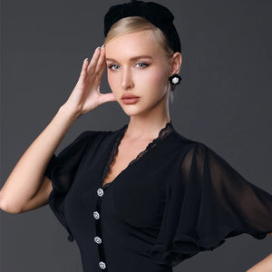 Ballroom Dance Bodysuit Women's White and Black V-Neck Lace Trim Chiffon Sleeve Button Front Jumpsuit