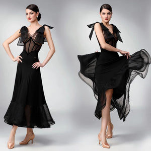 Women's Black Sheer Mesh & Bow Detail Ballroom Latin Rhythm Dance Dress with Beaded Hem