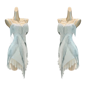 Women's Light Blue/Black Fringe Asymmetrical Hem Latin Dance Dress