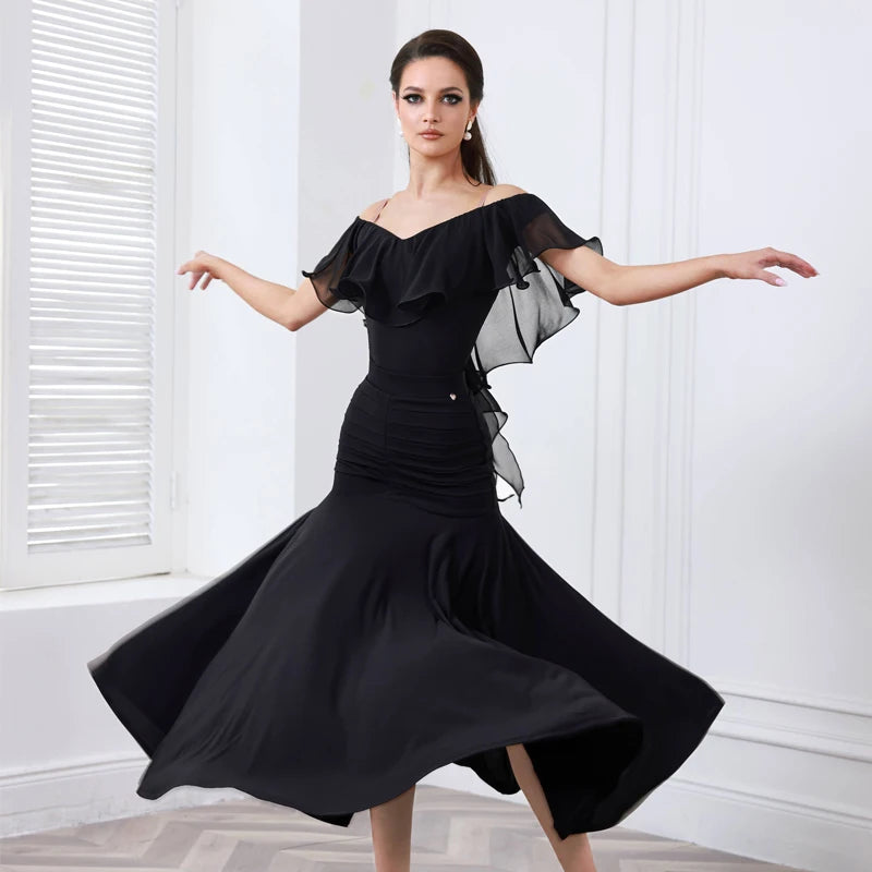 Women's Black Off-Shoulder Ruffled Ruched Ballroom Dance Dress, Light Blue Off-Shoulder Ruffled Ruched Ballroom Dance Dress, Mauve Off-Shoulder Ruffled Ruched Ballroom Dance Dress