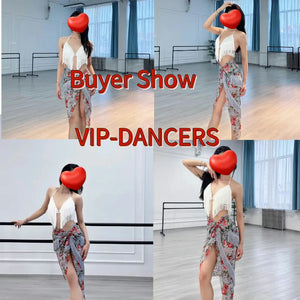 Women's White Fringe Halter Top and Floral Lace Slit Skirt Latin Dancewear