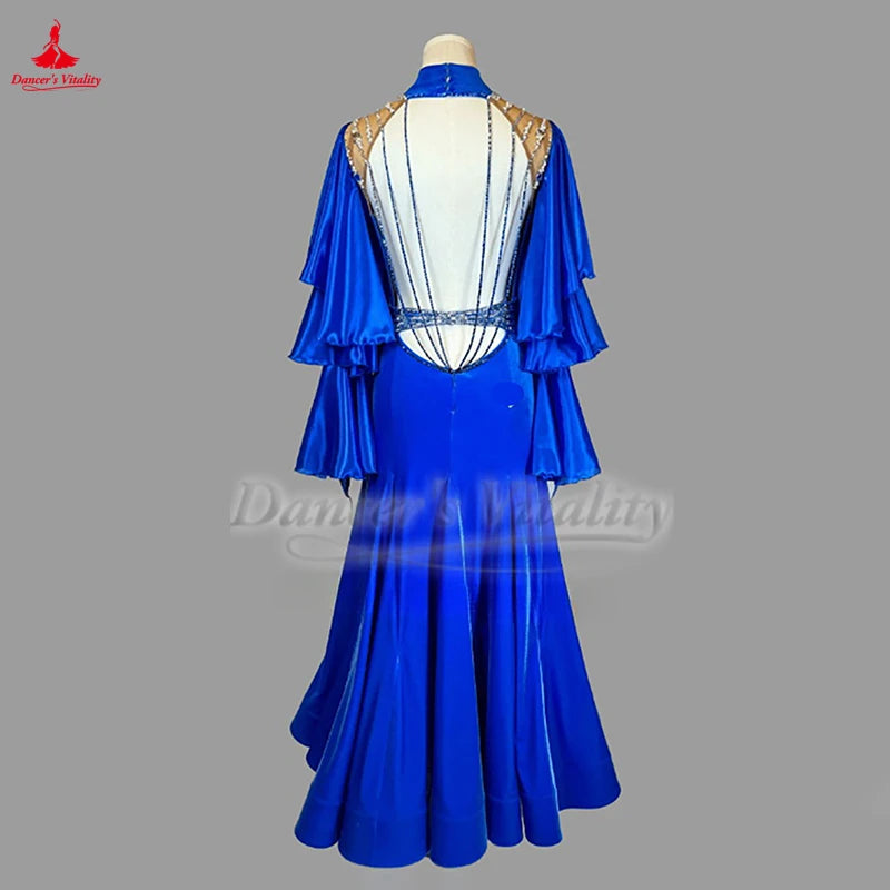 Ballroom Dance Dress Backless Flared Sleeves Velvet Blue For Adult Women Waltz Foxtrot Tango Competition