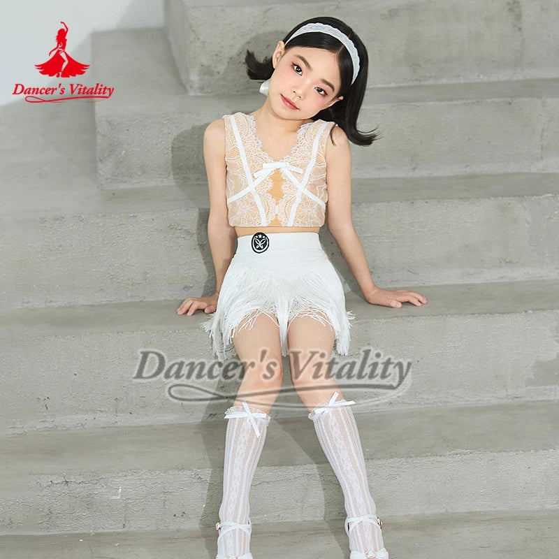 Kids Girls Black Lace Crop Top Fringe Skirt Latin Dance Costume