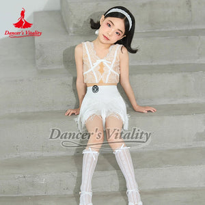 Kids Girls Black Lace Crop Top Fringe Skirt Latin Dance Costume