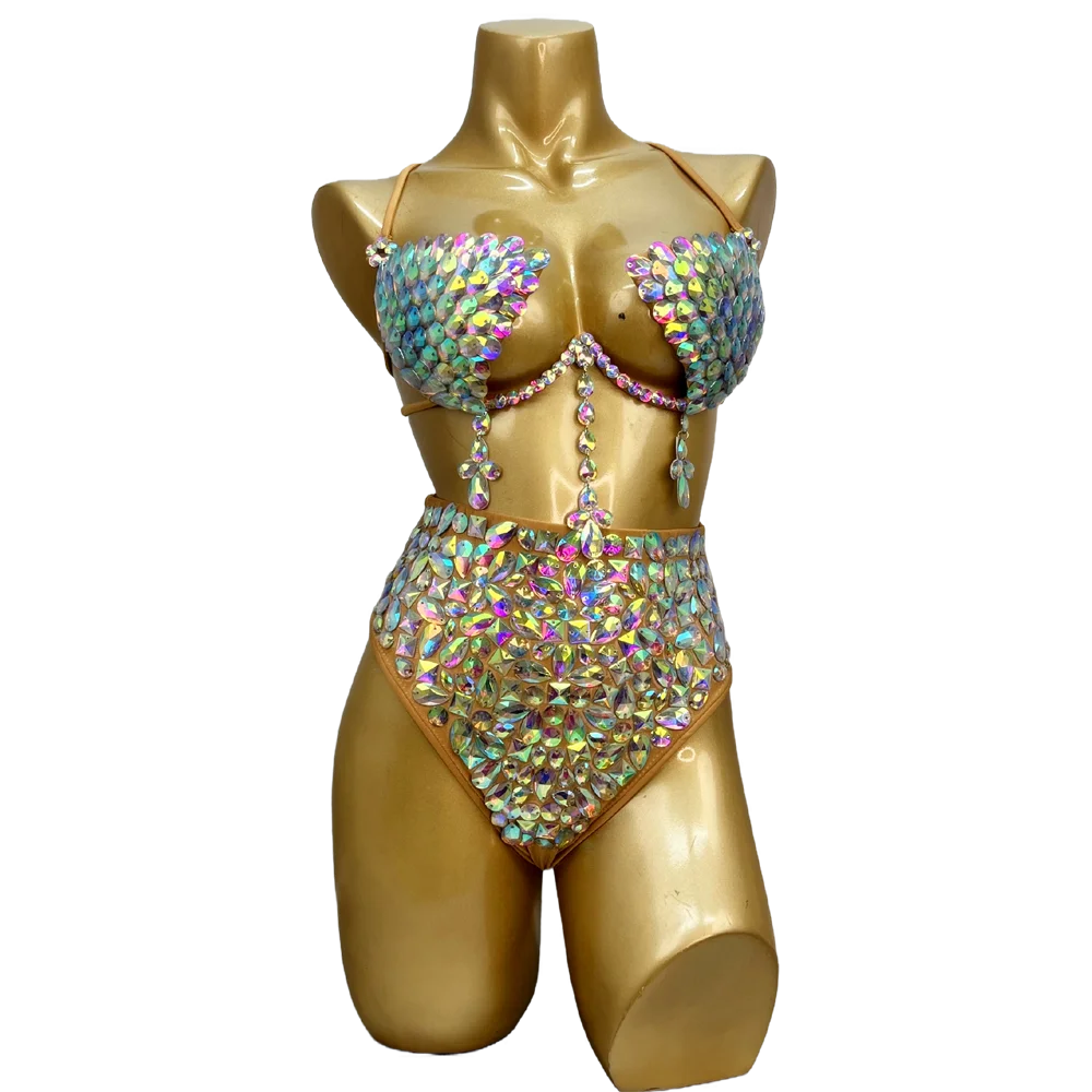 Belly Dance Costume Women's Iridescent Sequin & Rhinestone Bra and High-Waisted Briefs Set - Latin Samba Rave Performance