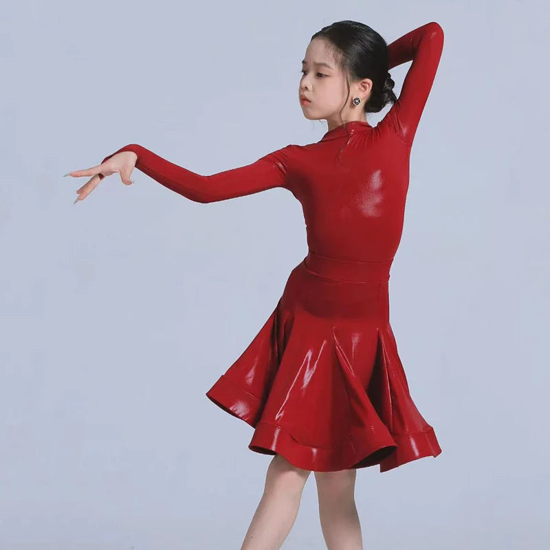 Kids Girls Latin Dance Dress, Short Sleeve Shiny Pleated Skirt Ballroom Salsa Rumba Dancewear