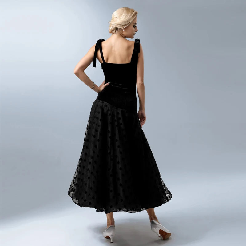 Women's Black Velvet Polka Dot Mesh Ballroom Dance Dress with Tie Straps