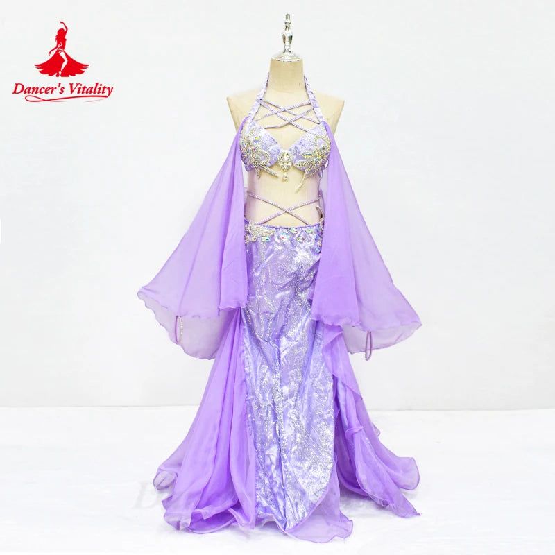 Belly Dance Costume Women's Silver Sequin Halter Top Chiffon Sleeve Slit Skirt Set, Adult