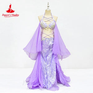 Belly Dance Costume Women's Silver Sequin Halter Top Chiffon Sleeve Slit Skirt Set, Adult