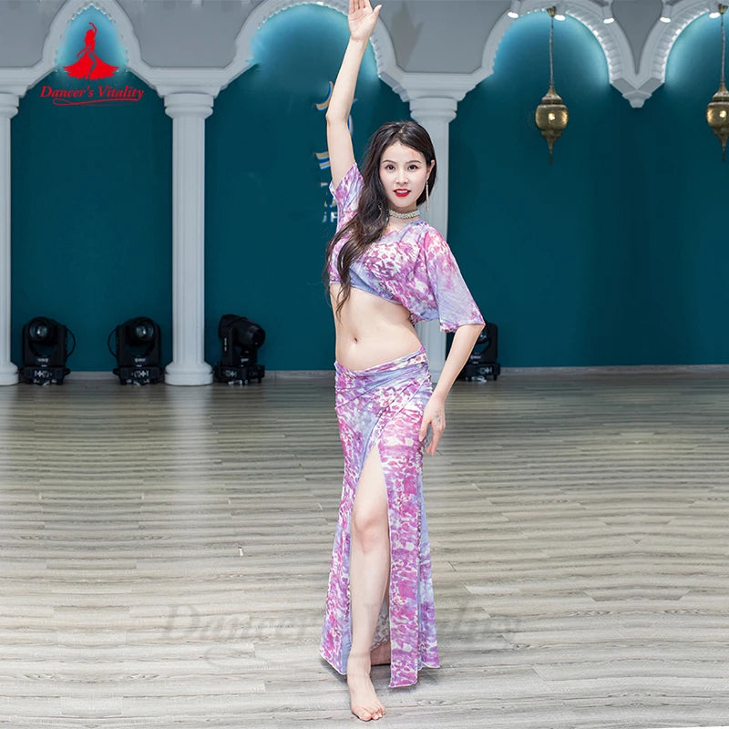 Belly Dance Costume Women's Floral Print Chiffon Crop Top and Skirt Set, Flowy Short Sleeve, V-Neck, Adjustable Skirt, Performance Wear