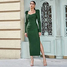 Elegant Green Midi Dress with Puff Shoulders and Long Sleeves, Fitted Evening Wear