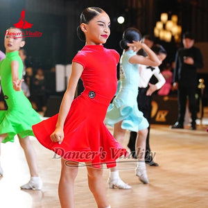 Kids Latin Dance Dress Red Short Sleeve Ruffled Skirt Performance Ballroom Competition Costume