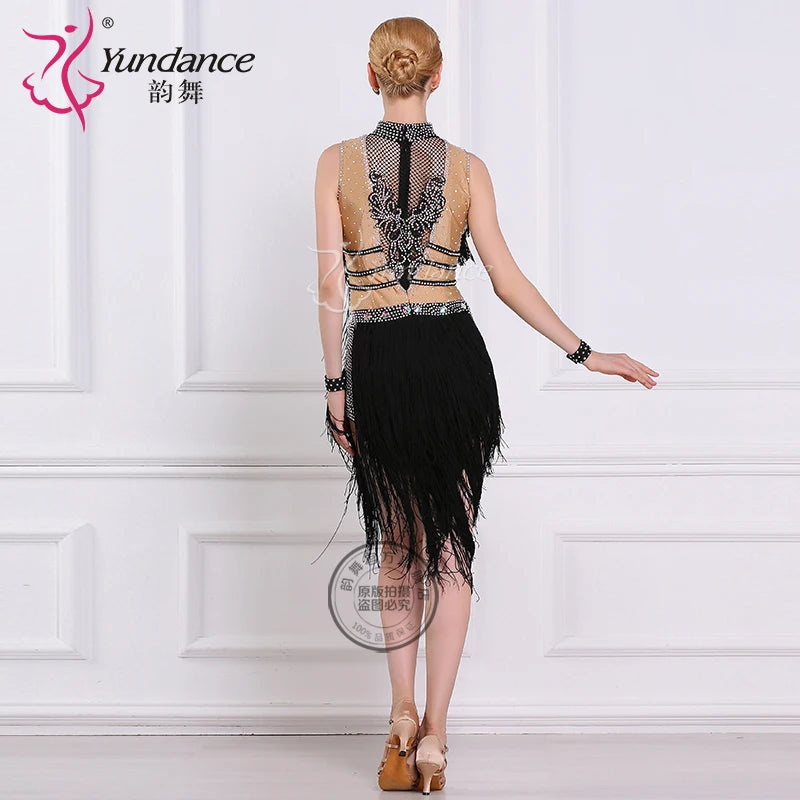 Women's Backless Latin Ballroom Dance Dress With Rhinestones And Tassel Fringe For Performance