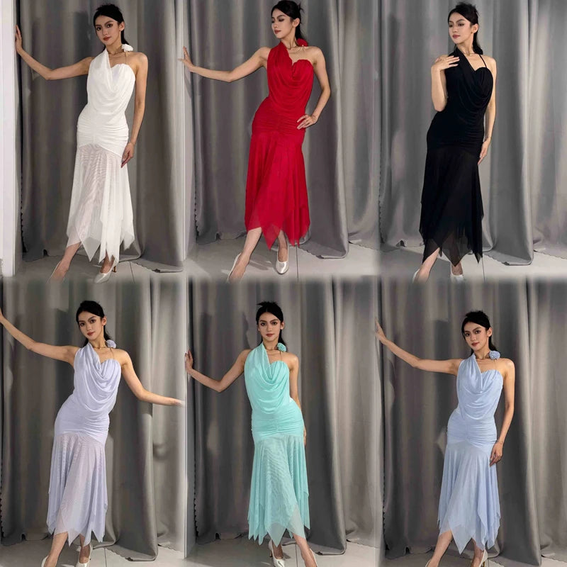 Women's White Halter Neck Ruffled Mesh Hem Latin Dance Dress