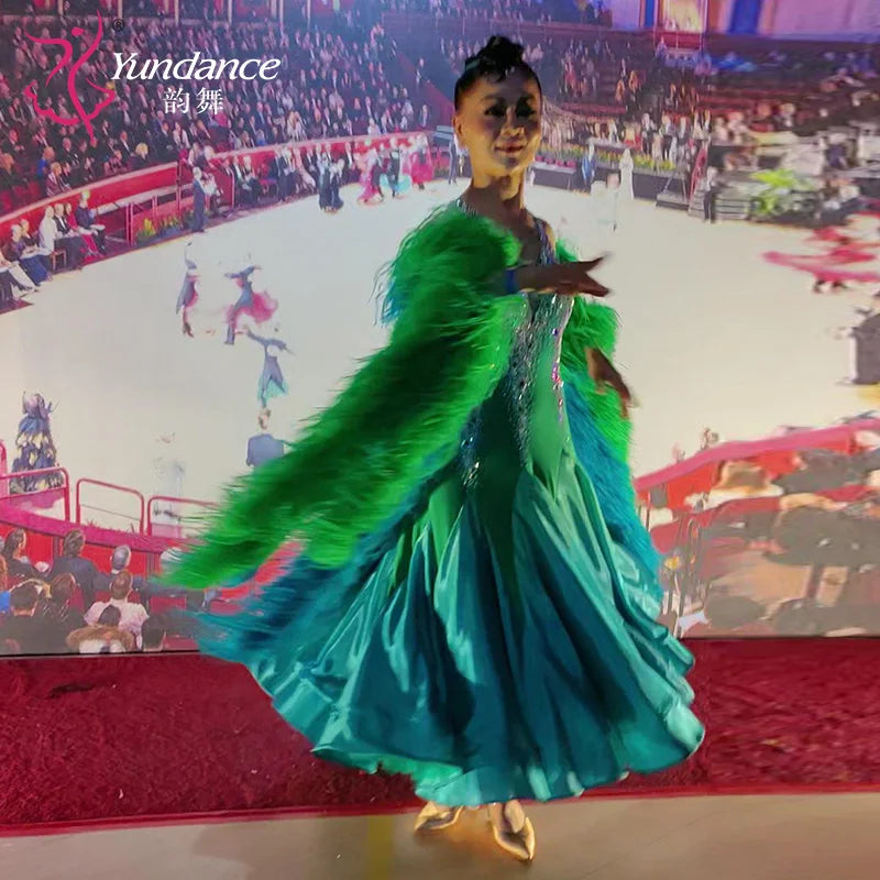 Women's Ballroom Competition Dance Dress With Feather Trim In Stretch Fabric For Performance