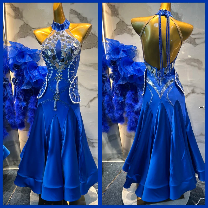 Women's Blue Halter Sequin Feather Open Back Ballroom Dance Dress