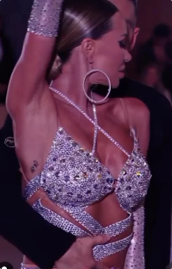 Women's Silver Sequin & Rhinestone Open Back Latin Dance Dress with Strappy Skirt