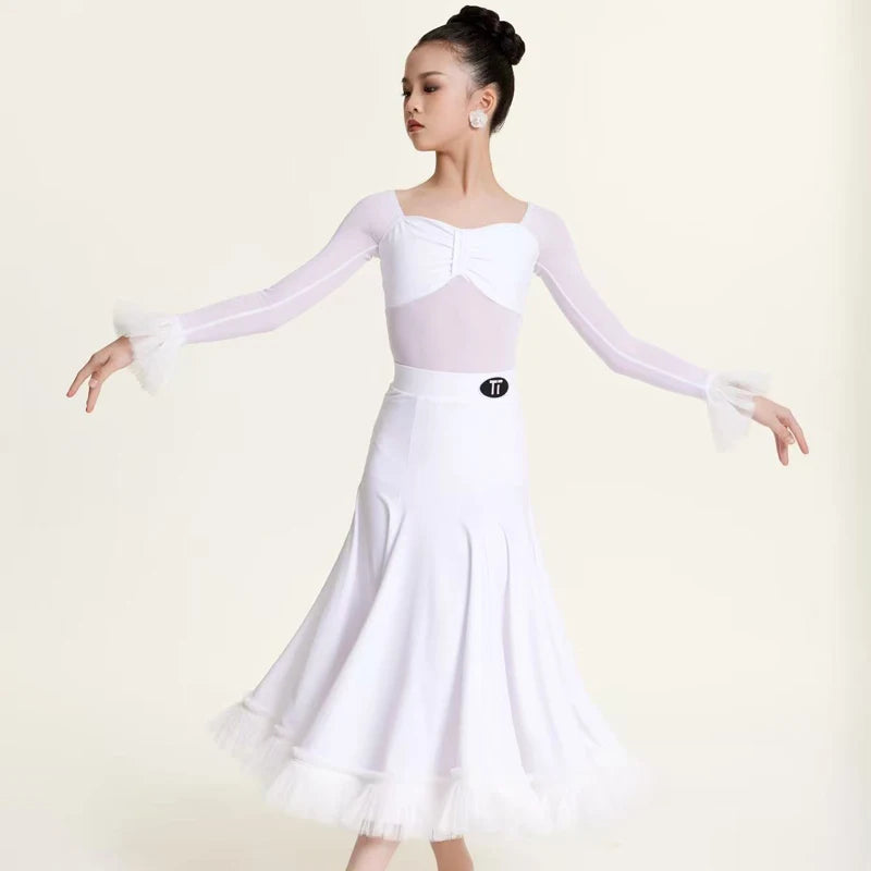 Girls Red Mesh & Ruffle Latin Ballroom Dance Dress with Square Neckline