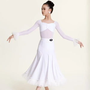 Girls Red Mesh & Ruffle Latin Ballroom Dance Dress with Square Neckline