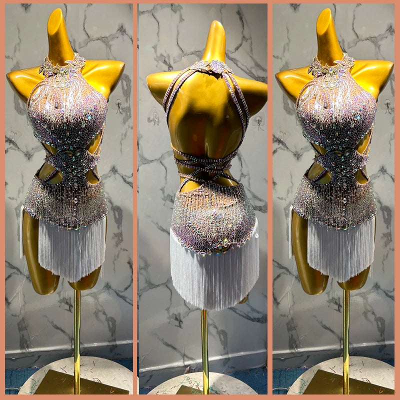 Latin Dance Dress Women White Fringe Rhinestone Halter Neck Cutout Backless Sequin Ballroom Samba Rumba Cha Cha Costume