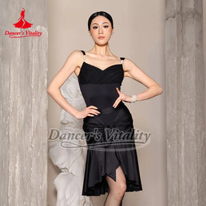 Women's Black Leotard with Pearl Straps and Ruched Mesh Bust for Latin Ballroom Dance