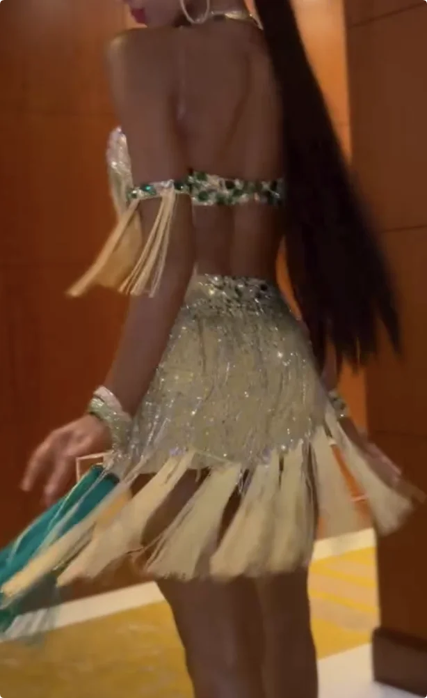 Belly Dance Costume Women's Emerald Green & Silver Sequin Fringe Halter Top & Skirt Set with Armbands, Belly Dance