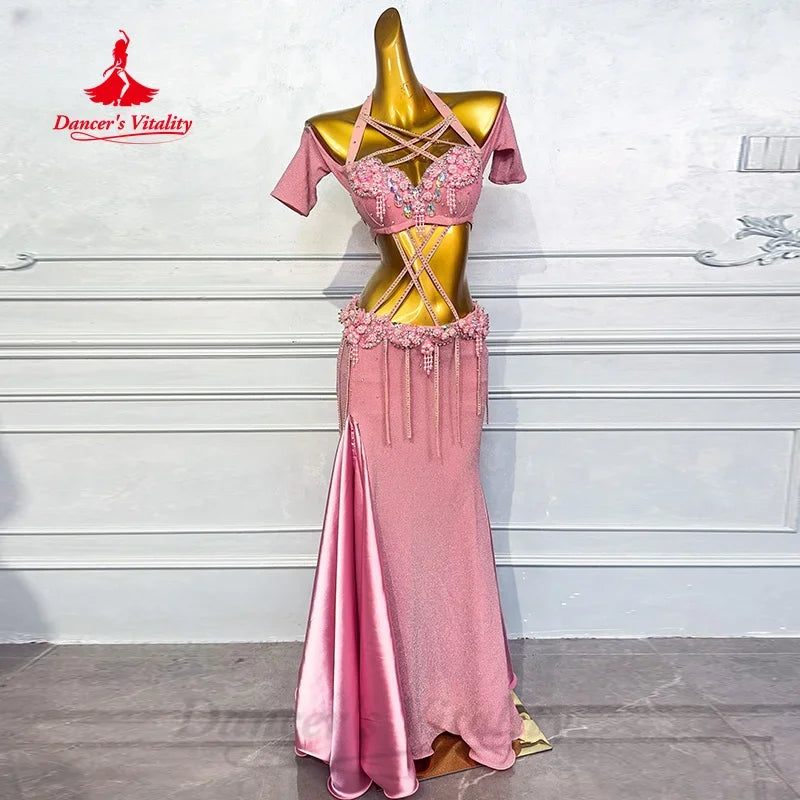 Belly Dance Costume Women Pink Halter Neck Beaded Bra and Mermaid Skirt Set, Sequin Embellished Performance Wear