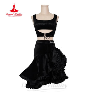Women's Black Satin Cutout Crop Top & Ruffled Skirt Latin Dance Set