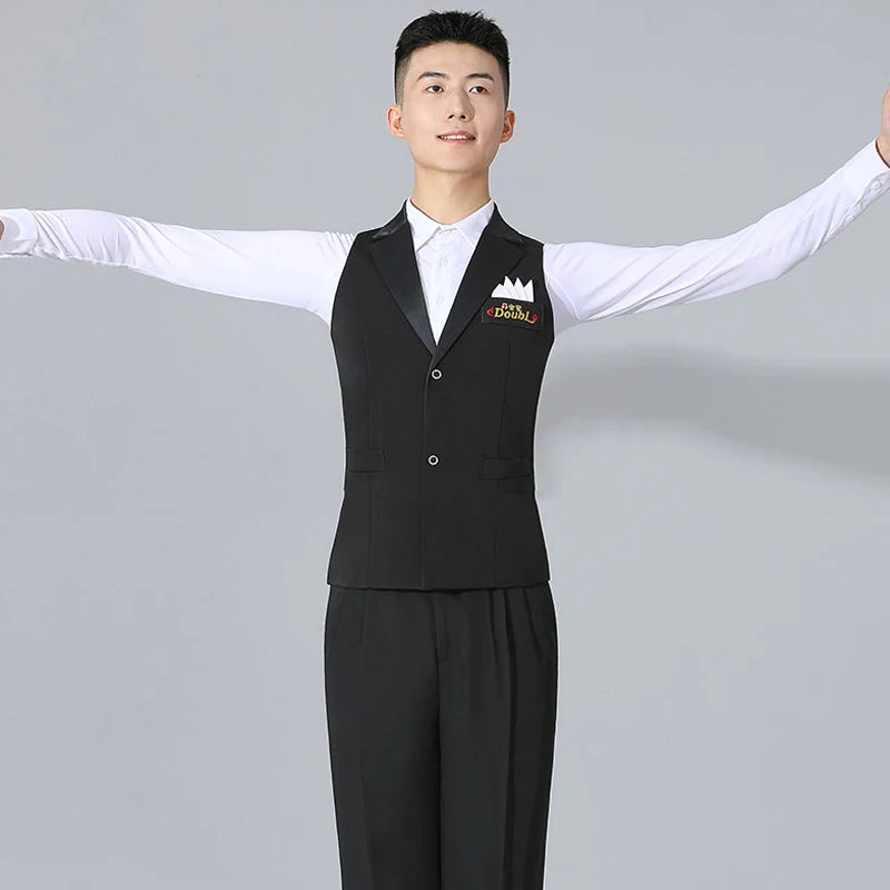 Men's White Long Sleeve Ballroom Dance Shirt with Black Vest, Latin Dance