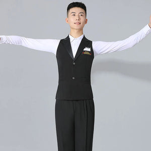 Men's White Long Sleeve Ballroom Dance Shirt with Black Vest, Latin Dance