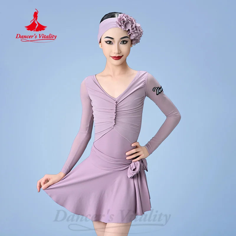 Girls' Lavender Long Sleeve V-Neck Ruched Leotard with Skirt and Headband, Mesh Sleeves, Latin Dance Dress